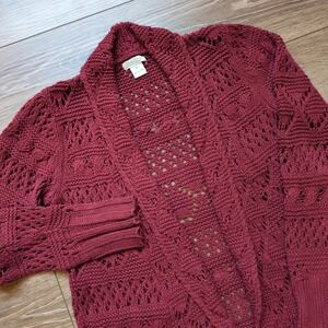 Lucky Brand Chunky Open Knit Cardigan Sweater - Red Pockets Shawl Cotton Blend M